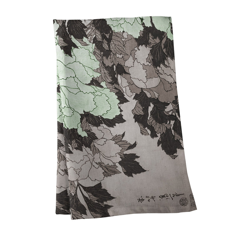 Serviette de thé pivoines et papillon, Gris / Blanc, Sergé de coton