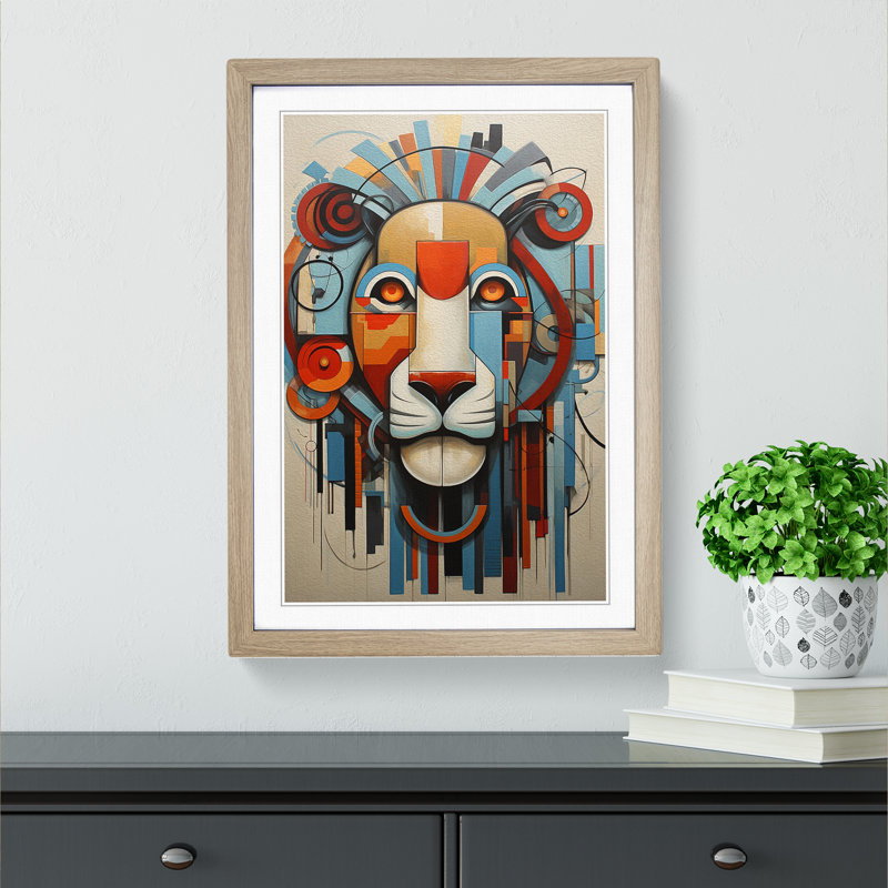 Lion Constructivism No.4 - Single Picture Frame Print on Wood, Oak, 64cm H x 46cm W x 2cm D
