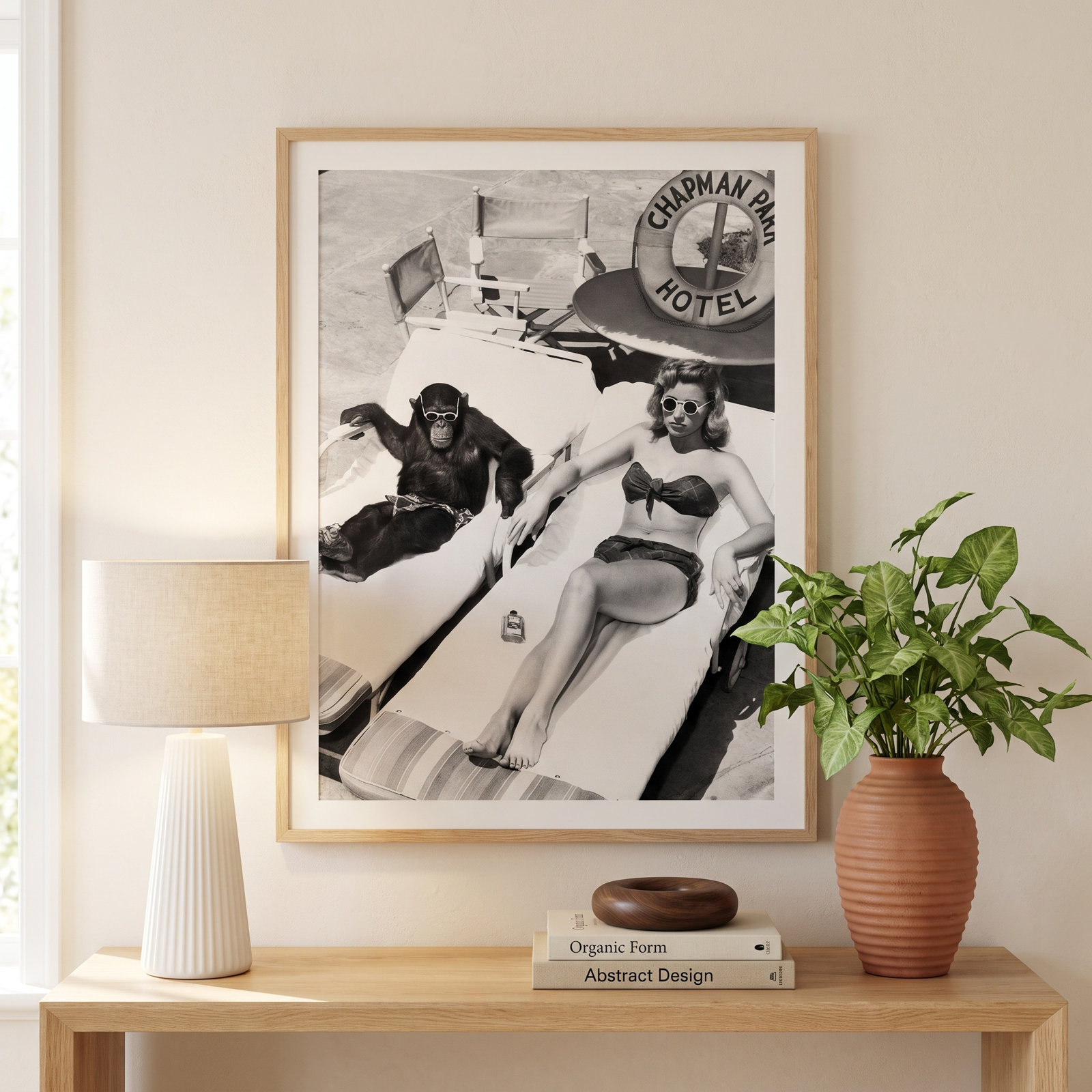 Amadeo "Woman Sunbathing with Chimpanzee" Print, 32" H x 24" W, Rustic Walnut Framed