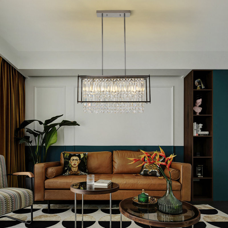 3-Lights Modern Rectangular Chrome Crystal Chandelier, 23.6 x 9.9 Inches in Diameter, Adjustable Height