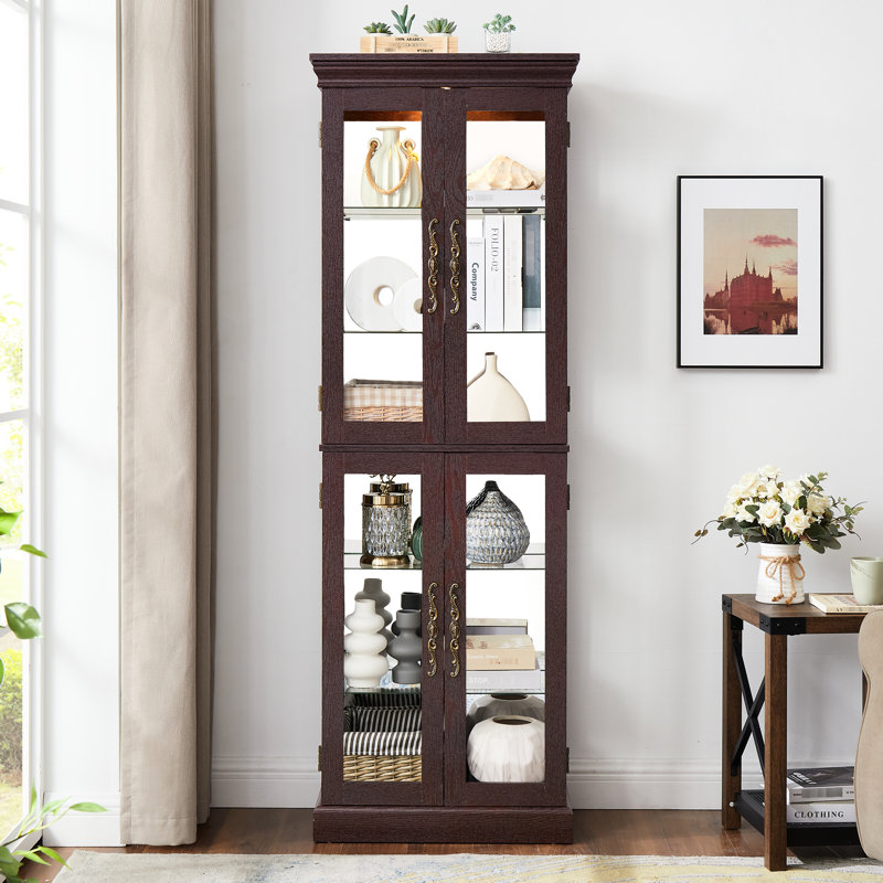 Vitrine à vin exquise avec intérieur illuminé et cloison mobile - Unité de cerisier foncé Éclairage sophistiqué Charnière silencieuse 12,49 po Large