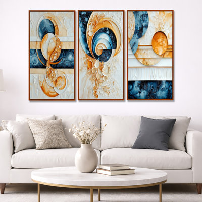 Suprematist Still Life of Coastal Mosaic – Orange Abstract Suprematism Framed Canvas Wall Art Set of 3