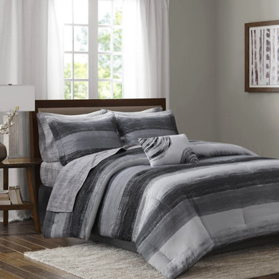 Édredon pour grand lit 9 pièces avec édredon en microfibre à rayures aquarelles noires, draps en coton, taies décoratives assorties, coussin décoratif, jupe, approuvé pour le confort et la literie de qualité, microfibre,