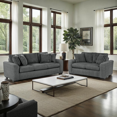 Hunziker Modern & Contemporary Textured 2-Piece Living Room Set with Stylish Dual Fabric Upholstery (Microfiber & Corduroy), Foam over Pocket Coils Co