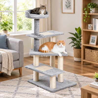 Arbre à chat rotatif avec perchoirs et poteaux en sisal, beige / gris