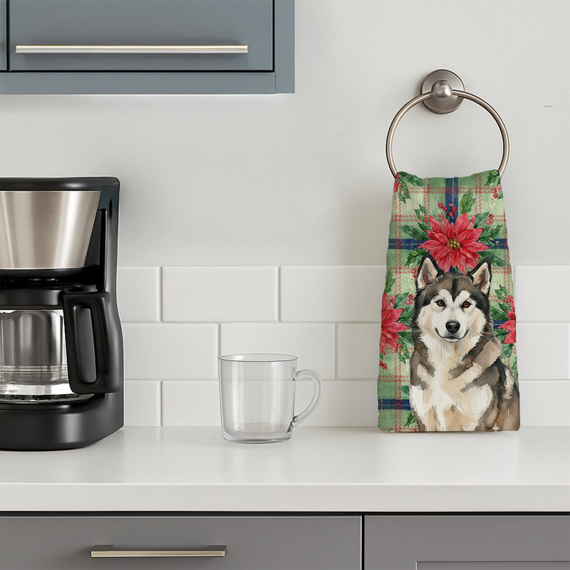 Sable and White Alaskan Malamute Christmas Poinsettas Kitchen Towel, Sable/White Alaskan Malamute