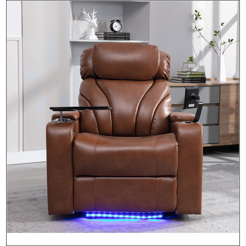 Power Motion Recliner with Usb Charging Port And Arm Storage, Home Theater Seating with Cup Holder, Light Brown
