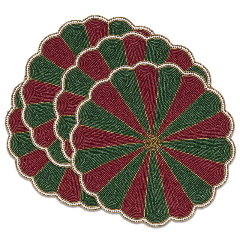 4-Pieces Round Polyester Placemats, Red/Green