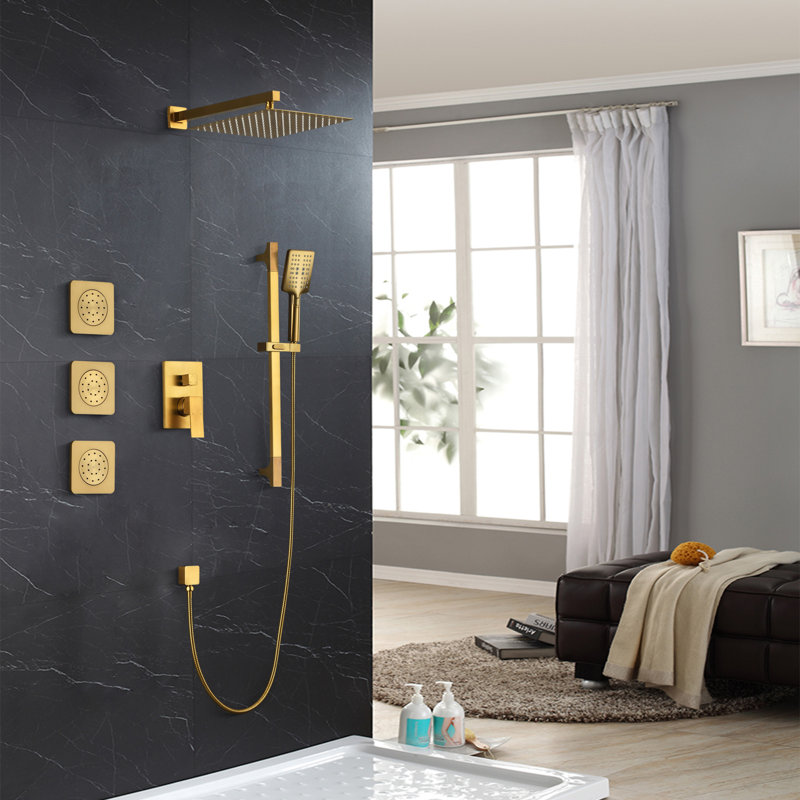 Shower System With 3 Body Jets,12 Inch Wall Mounted Rainfall Shower Set Rain Shower Head And Handheld Spray, Brushed Gold