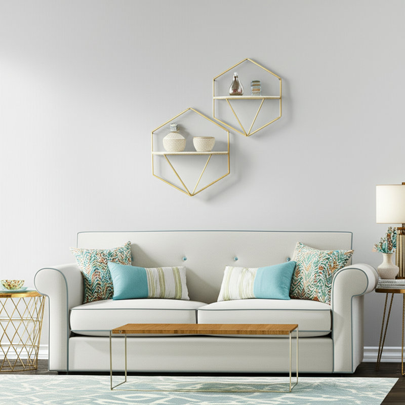 Ljiljan Wall Storage Shelves Metal Wood Iron MDF Geometric Frame Design Finish Home Office Bedroom Living Room Use Set of 2
