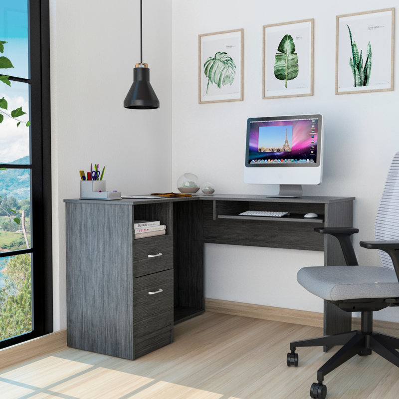 2-Drawer 1-Shelf L-Shaped Computer Desk(Desk), Light Gray