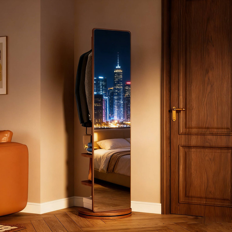 Portemanteaux en bois massif avec miroir à 360 ° en noyer et miroir, 68,8 po x 19,69 po, Noyer