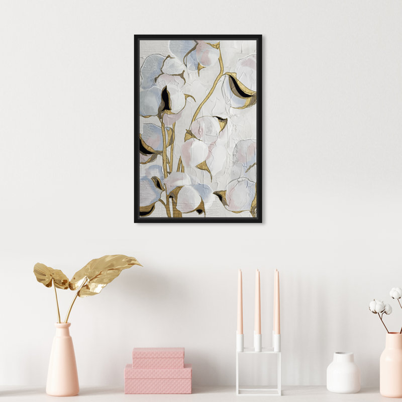 Tige dorée florale, fleurs de coton blanc moderne - peinture sur toile, H 15 po x l 10 po x P 1,75 po