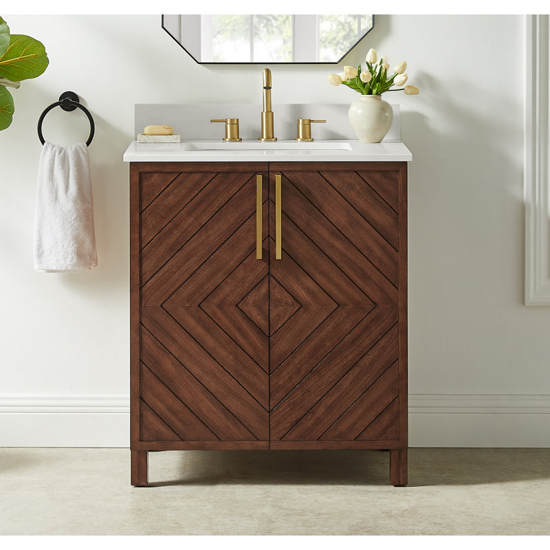 Keiera 30" Single Bathroom Vanity with Engineered Stone Top, Medium Brown