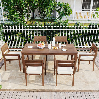 Ensemble de salle à manger 7 pièces en bois d'acacia avec coussins, 6 chaises modernes et 1 grande table, ensemble de mobilier de salle à manger pour la pelouse, la cour, la terrasse du jardin, le bord de la piscine