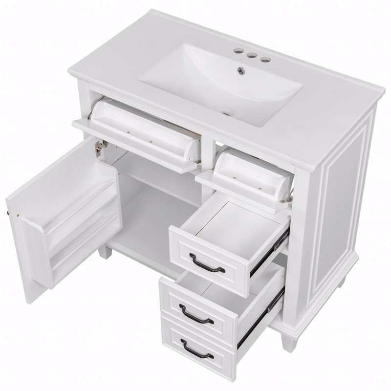 Meuble-lavabo 36 po avec comptoir en céramique, structure en bois massif, armoire en MDF et peuplier, tiroirs rabattables, tablette réglable et poignées en alliage de zinc