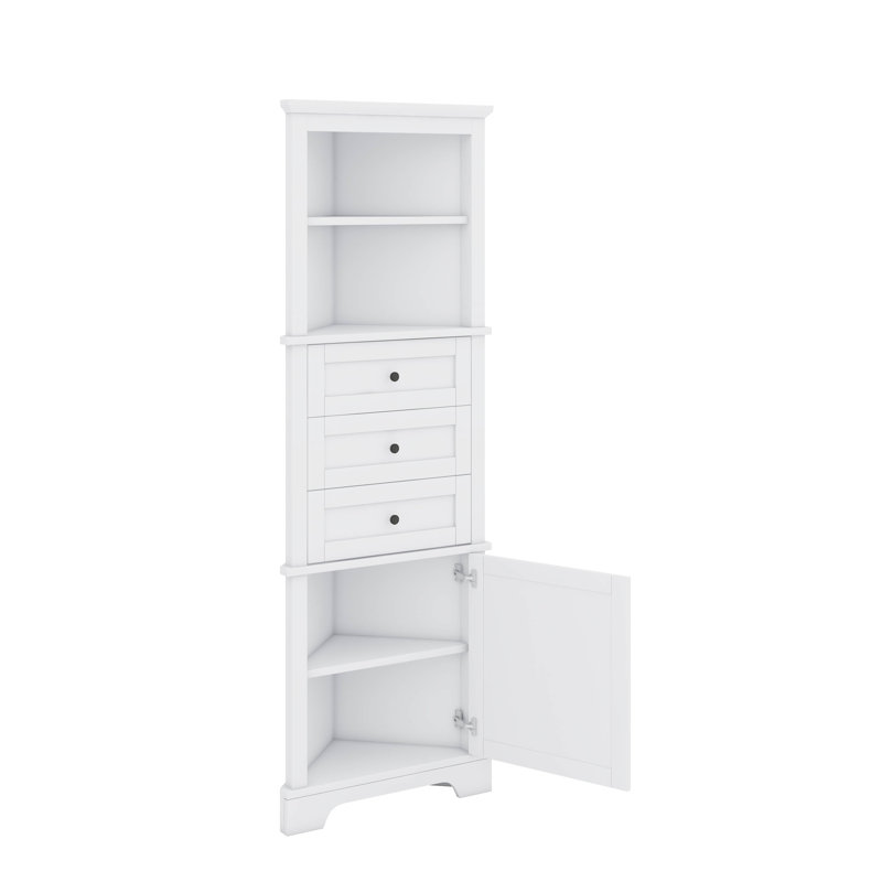 Tall Triangular Corner Cabinet With Triple Drawers And Customizable Shelves For Bathroom Kitchen, White