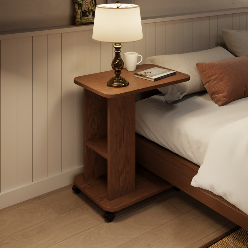 Table d'appoint mobile en bois à 2 niveaux en forme de C avec roulettes, table de bout compacte pour canapé ou lit, Brun
