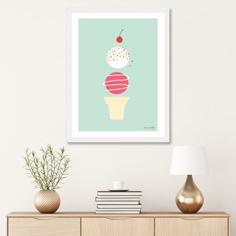 «Ice Cream and Cherry I» par Ann Kelle - impression d'art graphique, H 32 po x l 24 po x P 1 po, Papier encadré blanc