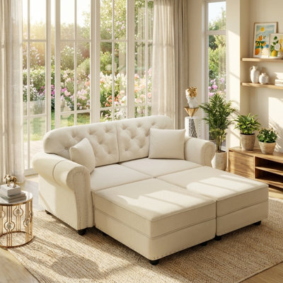 63" Sectional Couches for Living Room Loveseat Sofa Fabric Futon Couch with Solid Wooden Frame 2 Ottomans for Living Room & Bedroom for Small Spaces Sofa Bed
