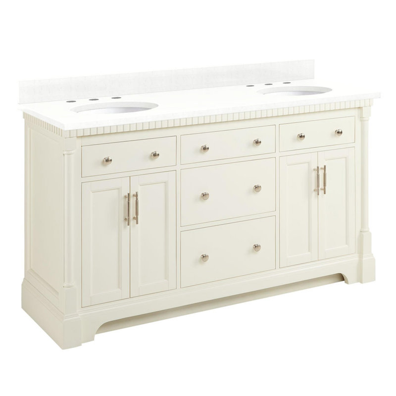 Claudia 60" Mahogany Double Basin Vanity Set with Cabinet, Vanity Top, Feathered White Quartz, White