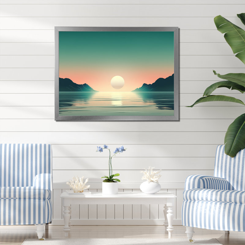 Pleine lune levant le minimalisme de l'océan en bleu rétro I - Décoration murale plage, H 30 po x l 40 po, Toile tendue