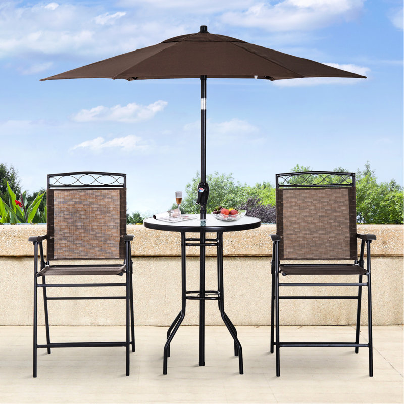 Patio Dining Collection - 2 Folding Chairs, Adjustable Umbrella, Tempered Glass Table, Brown. Robust Steel, Comfortable Mesh. Enhance Your Poolside Decor Brown Outdoor Arm Angle Textured Table