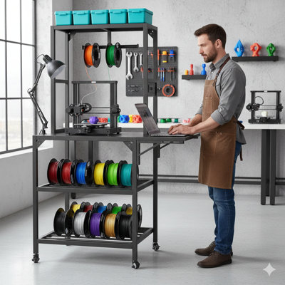 Sturdy table designed for 3D printer operation, equipped with a storage rack for filament spools and a T-shaped holder for material rolls. Features casters for mobility, suitable for use in 3D printing studios, home offices, or workshop environments.