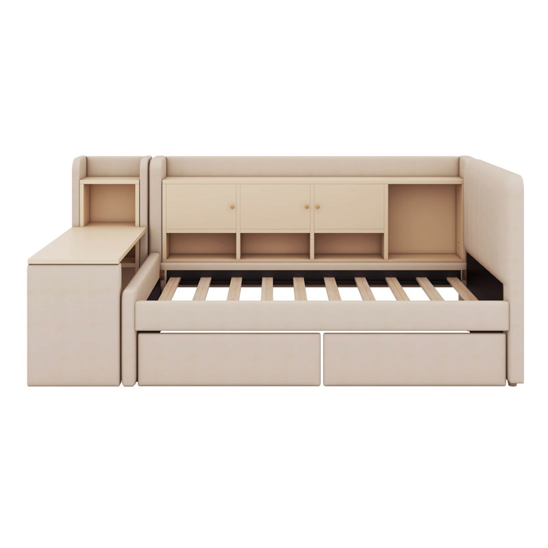 Upholstered Daybed Twin Size With Flip Cabinets & Side Table/Desk, Multi-Functional Bed Frame With 2 Drawers And Shelves