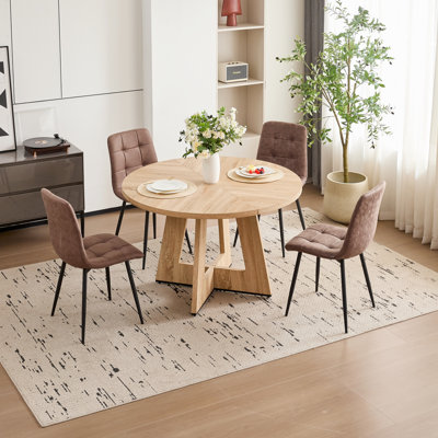 5 Piece 47'' Round Dining Table Set for 4, Farmhouse Kitchen Table with 4 Velvet/Corduroy Modern Dinning Room Chairs for Home, Apartment
