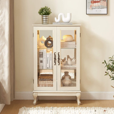 Vitrine lumineuse 2 portes avec portes en verre trempé et panneau arrière en miroir - Vitrine à tablettes réglables pour la maison ou le bureau, blanc