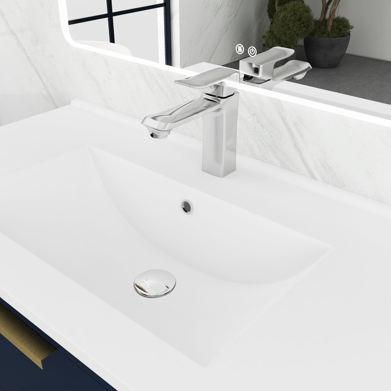 Meuble-lavabo simple 35,9 po avec plateau en résine Tarran, Bleu marine, Or