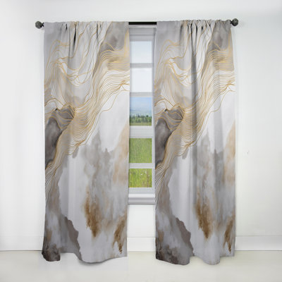 Gold And Grey Abstracted Line Artistry V - Line Art Blackout Abstract Curtain - 1 Panel
