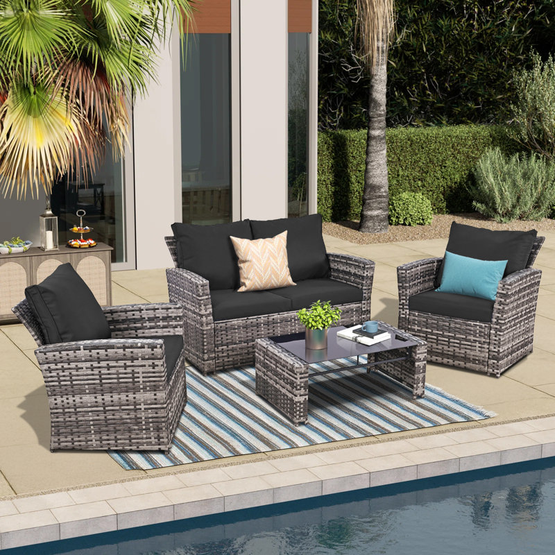 4 Piece Outdoor Patio Furniture Set,Wicker Conversation Sets Outdoor Sectional Patio Sofa Couch With Cushions & Coffee Table For Outside