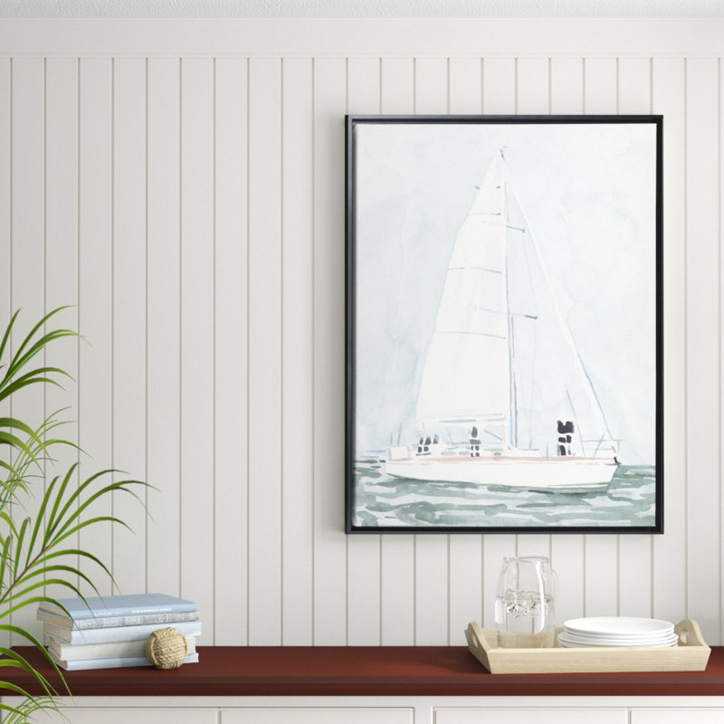 « mou voilier iii », peinture sur toile, H 41,7 po x l 31,7 po x P 1,75 po, Cadre flottant noir