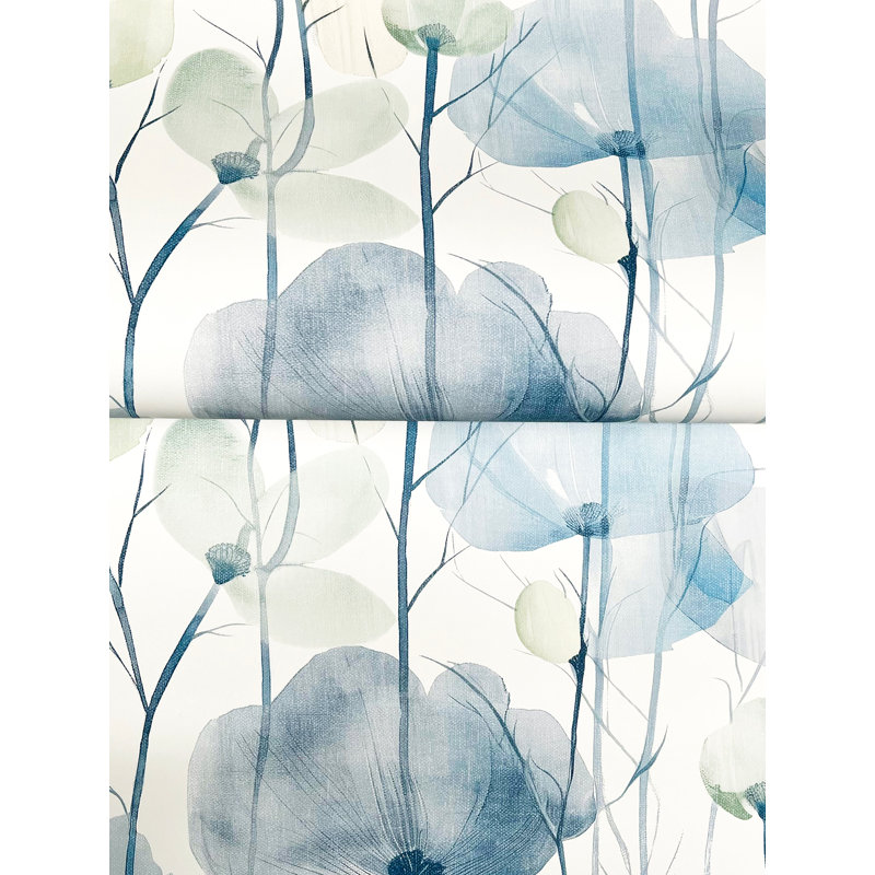 Papier peint floral bleu Cotswolds Poppies, Bleu