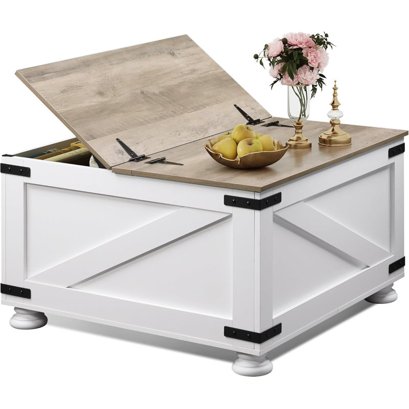 Table basse carrée avec couvercle rabattable et grand compartiment de rangement caché - blanc
