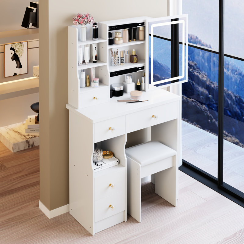 Petite coiffeuse 29,2 po avec tiroir à gauche, tabouret rembourré, miroir à DEL tricolore à commande tactile, grande capacité, convient aux petits, style américain, coiffeuse avec tiroir, commode