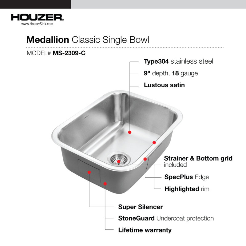 Houzer 23 in Stainless Undermount 9 in Deep Single Bowl Kitchen Sink w/ Strainer & Grid - MS-2309-C