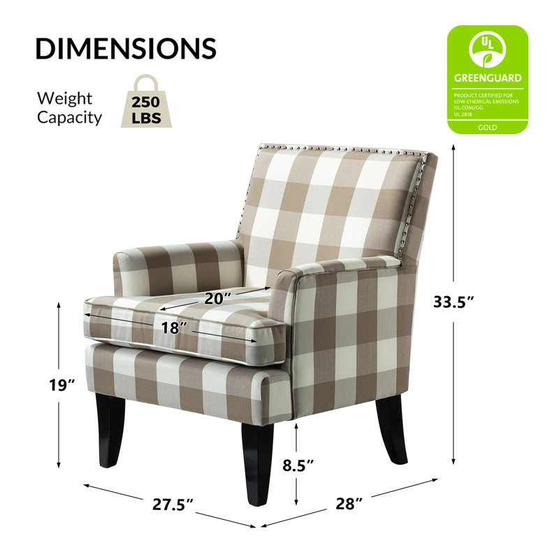 Iliana 27.15" Wide Transitional Upholstered Armchair with Nail Head Trim, Tan Check Polyester Blend