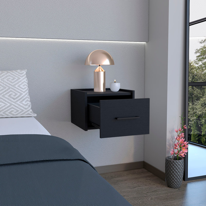 Yorktown Floating Nightstand, Space-Saving Design with Handy Drawer and Surface, Bedroom, Black