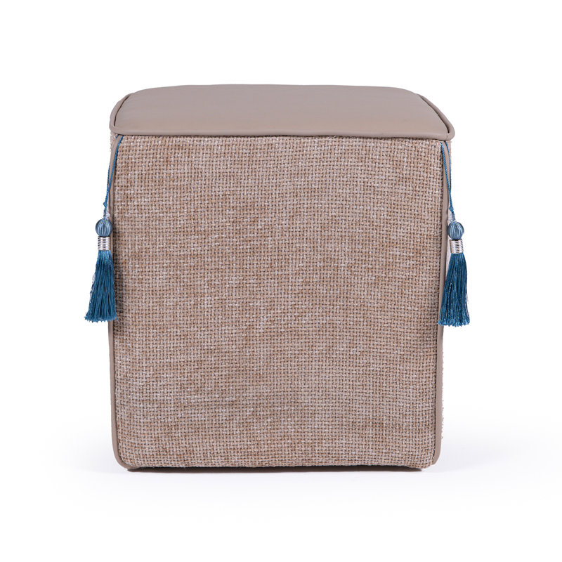 Fully Assembled Faux Leather and Tassel Accented Square Ottoman, Beige