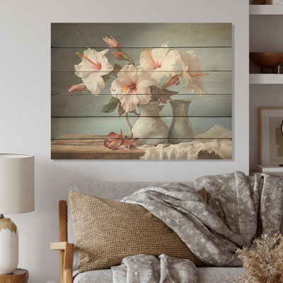 Vintage Hibiscus Bouquet Still Life - Hibiscus Wood Wall Art On Natural Pine Wood