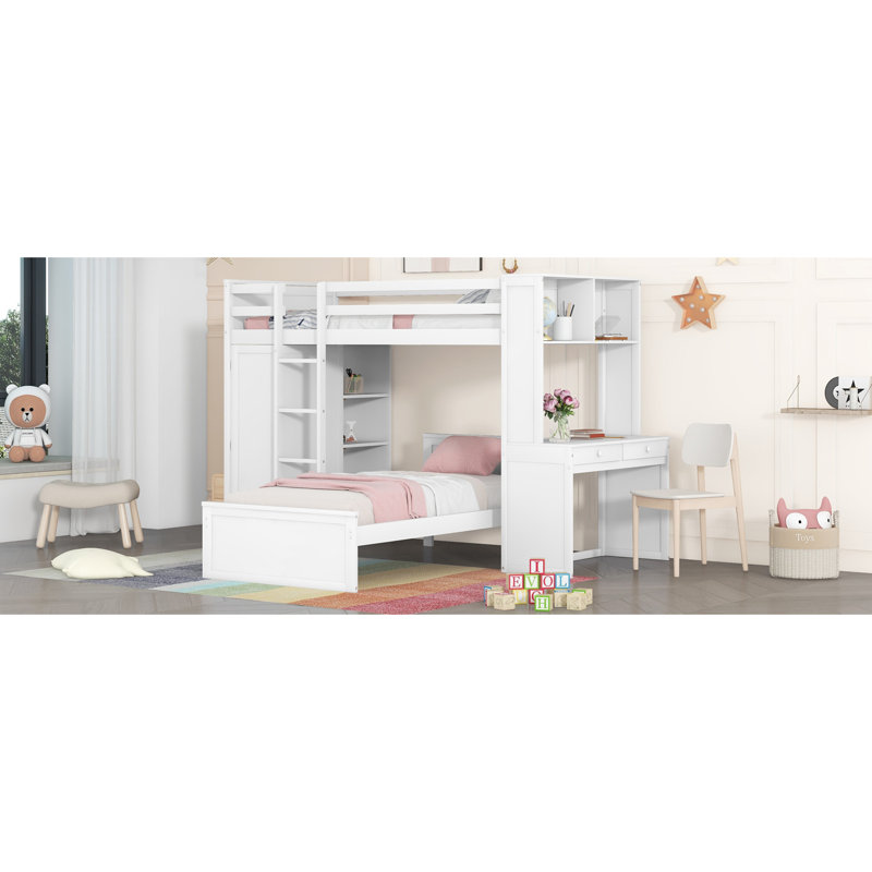Lit mezzanine avec lit autonome, tablettes, bureau et garde-robe, Blanc, Lit simple