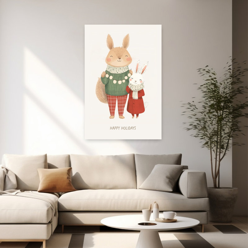 Festive Woodland Friends Contemporary Rabbit Squirrel Forest Winter Wall Art Print by Mathieu - Wrapped Canvas Print