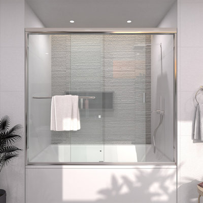 60 po X P 56 po Porte de baignoire coulissante semi-sans cadre en H avec verre transparent et poignées