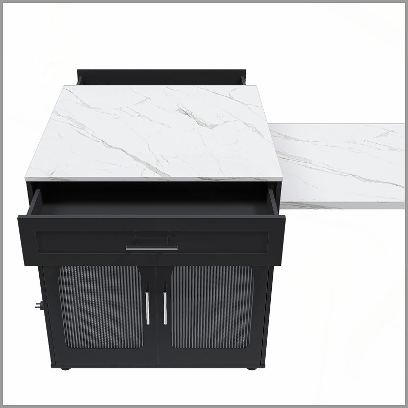 80-Inch Expandable Kitchen Island With Dining Table, Marble-Grain Countertop With Power Outlet, Mobile Storage Cart With Cabinet & 2 Drawers, Kitchen Prep Table (Black)