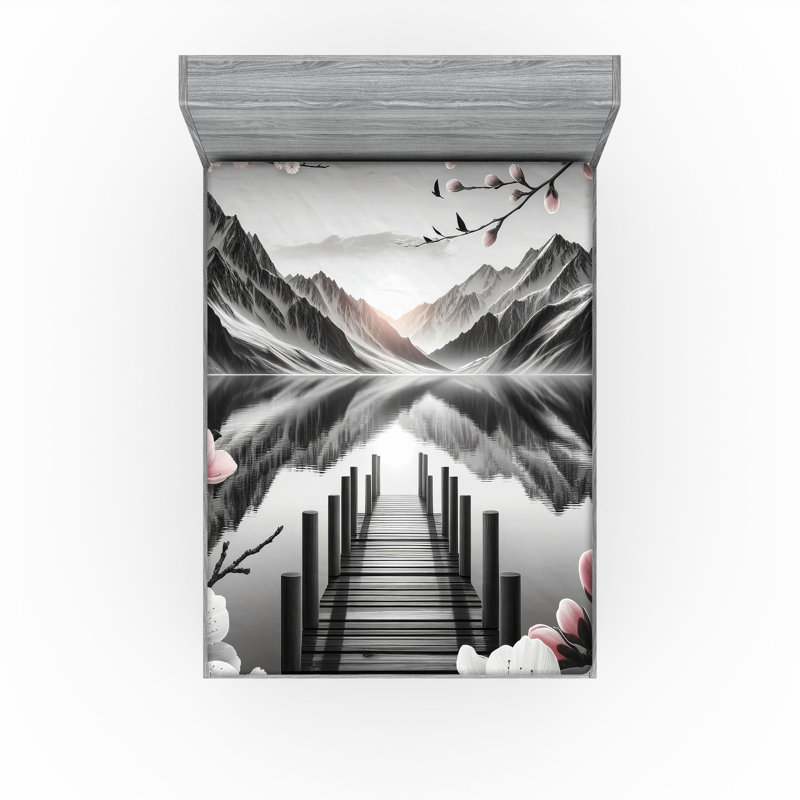 Drap-housse Ambesonne Lake_ Fleurs de cerisier et montagnes_ Gris et rosé, Drap-housse de taille double