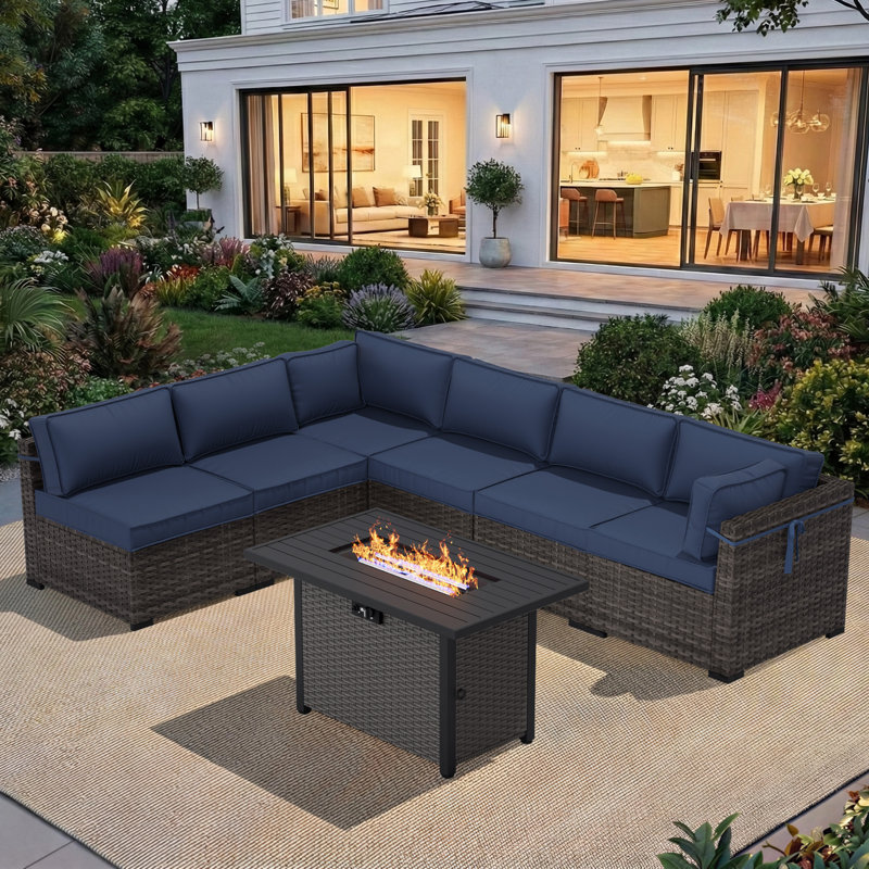 6-Person All-Weather Modular Rattan Lounge with Fire Pit Table & Luxe Cushions, Blue, Brown/Gray