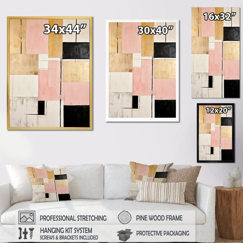 «Pink and Gold Cubism Dream - Abstract Shapes», impressions d'art mural, Cadre photo noir simple, H 32 po x l 16 po x P 1 po
